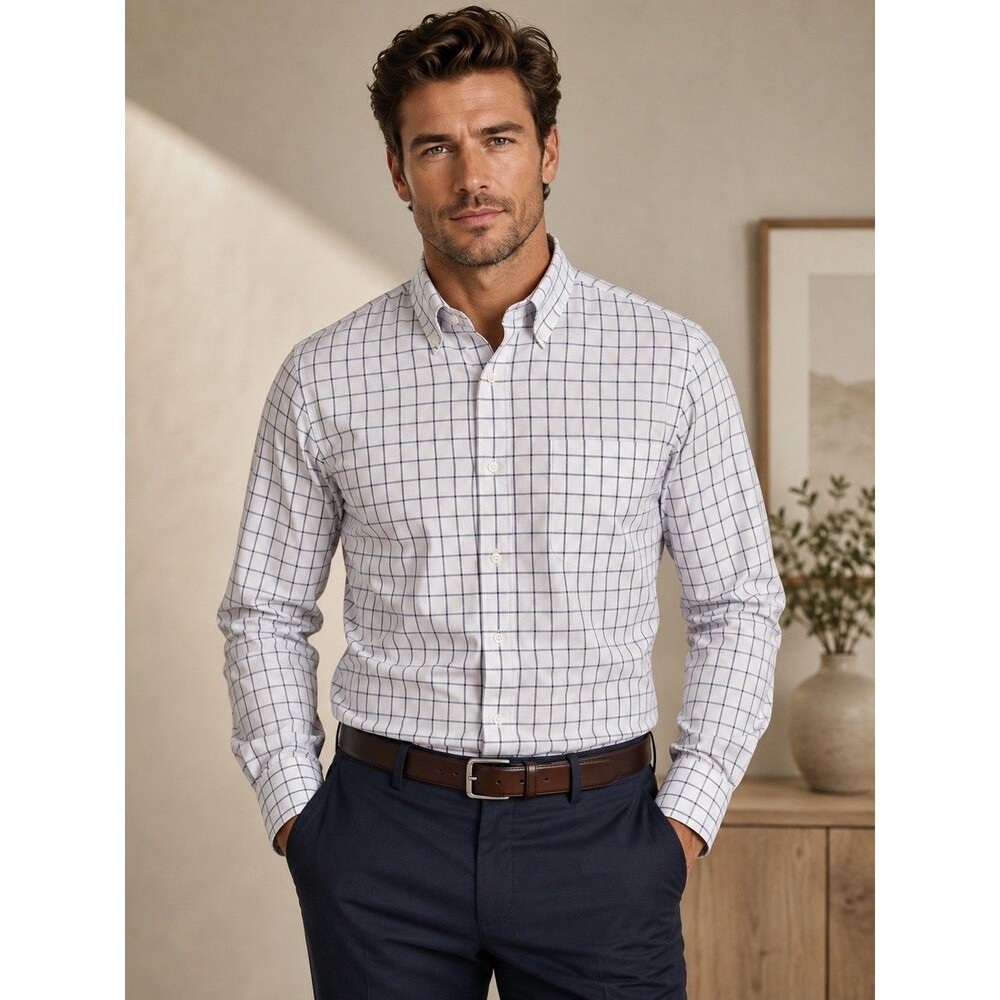 Rye by Hawker Rye Men XXL White Blue Windowpane Plaid Button Down Shirt Cotton